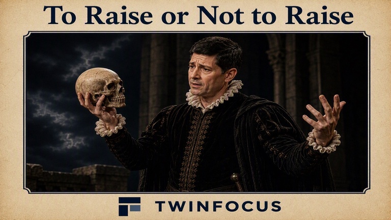 Theatrical poster: man in Elizabethan/Tudor costume holds a skull and gestures dramatically under the title 'To Raise or Not to Raise' — TwinFocus branding.